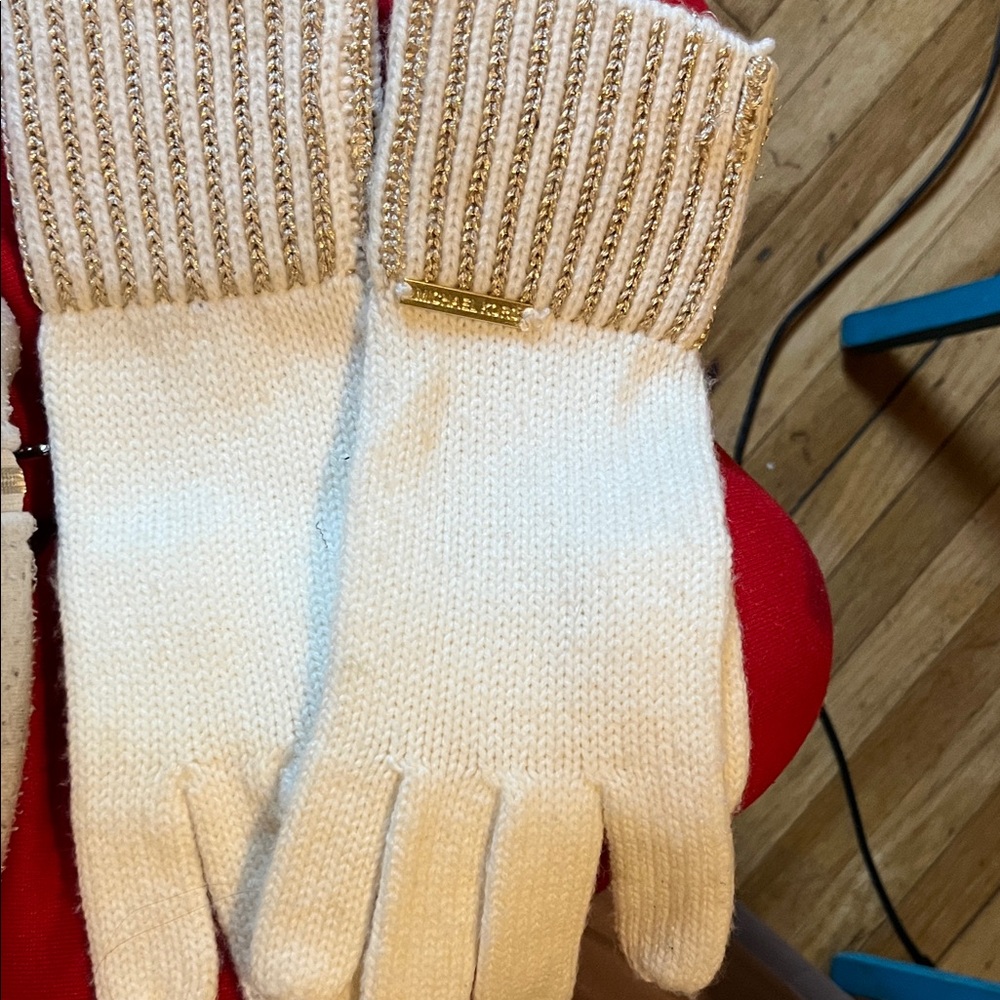 Michael Kors Ivory Knit Gloves with Gold Details